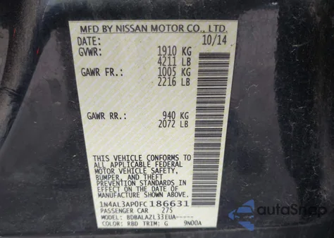 2015 Nissan Altima 2.5 z USA, uszkodzony, nr VIN 1N4AL3AP0FC186631